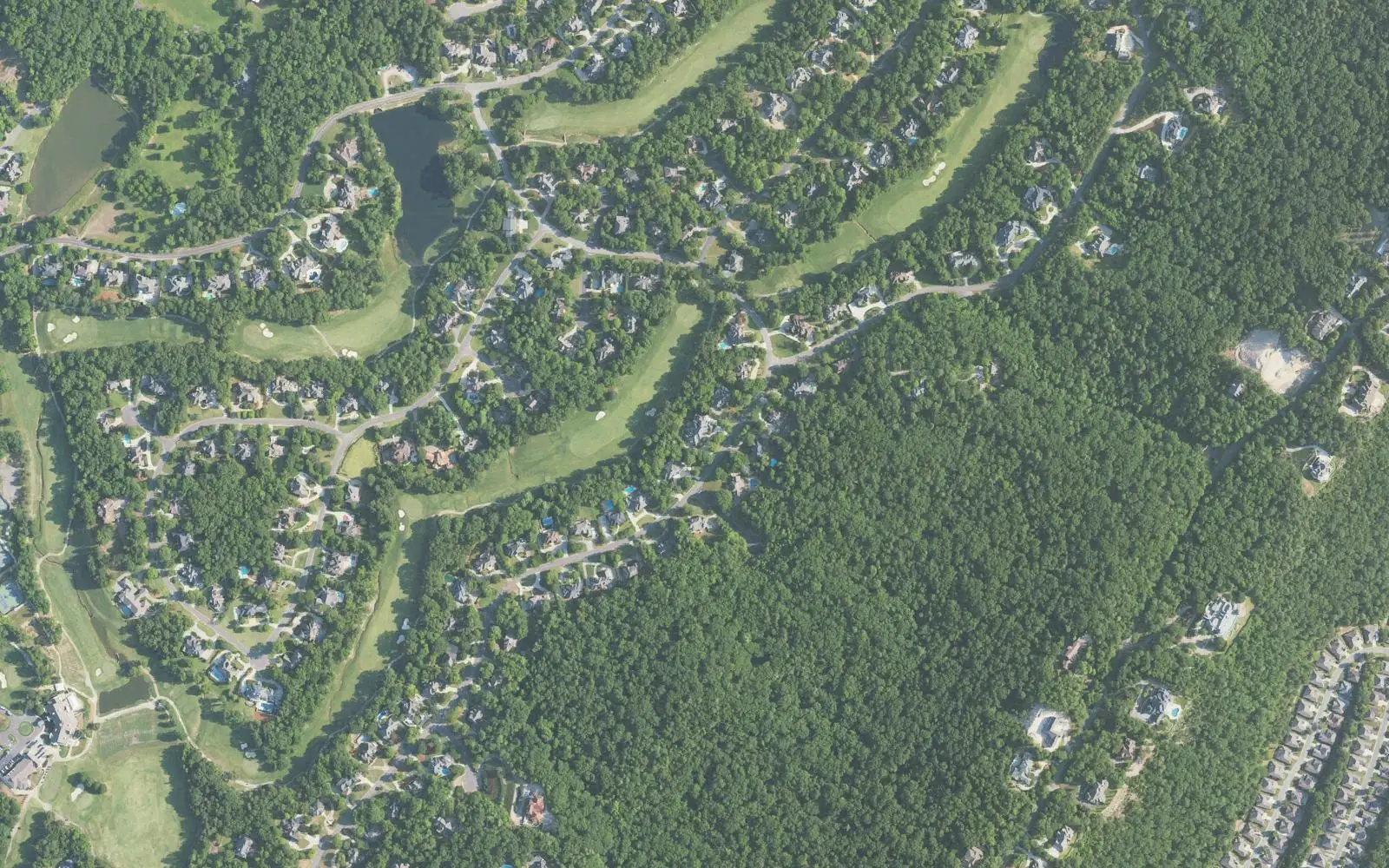 Aerial view of homes along the fairways of the Greystone Golf and Country Club in Greystone, Hoover.
