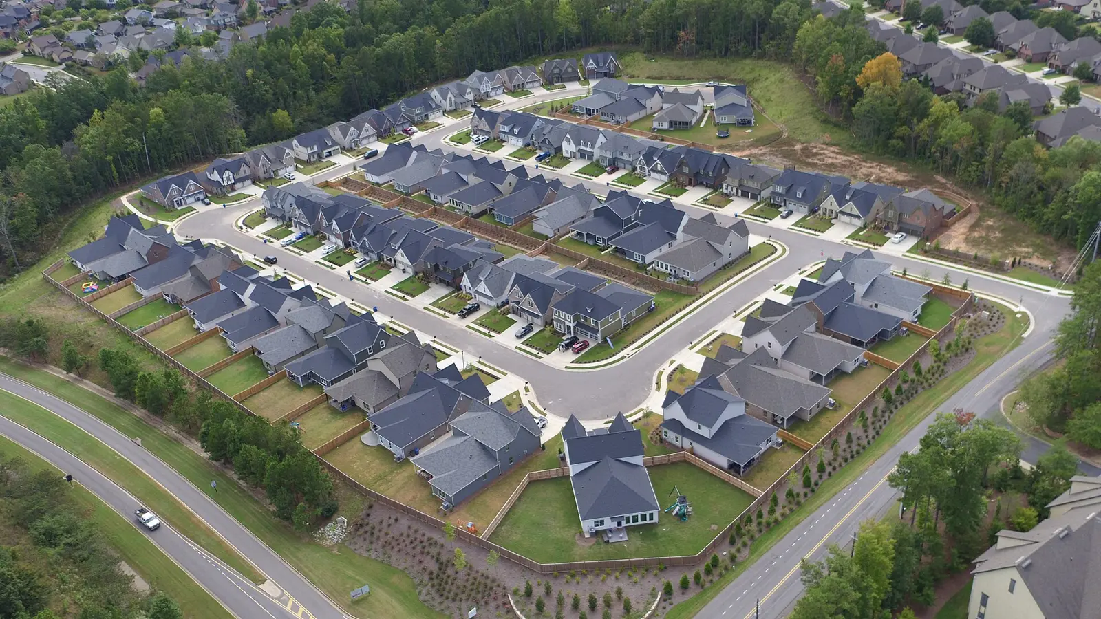 An aerial view of Alabama Power's Smart Neighborhood, a development of energy-efficient homes on its own microgrid, in western Hoover.