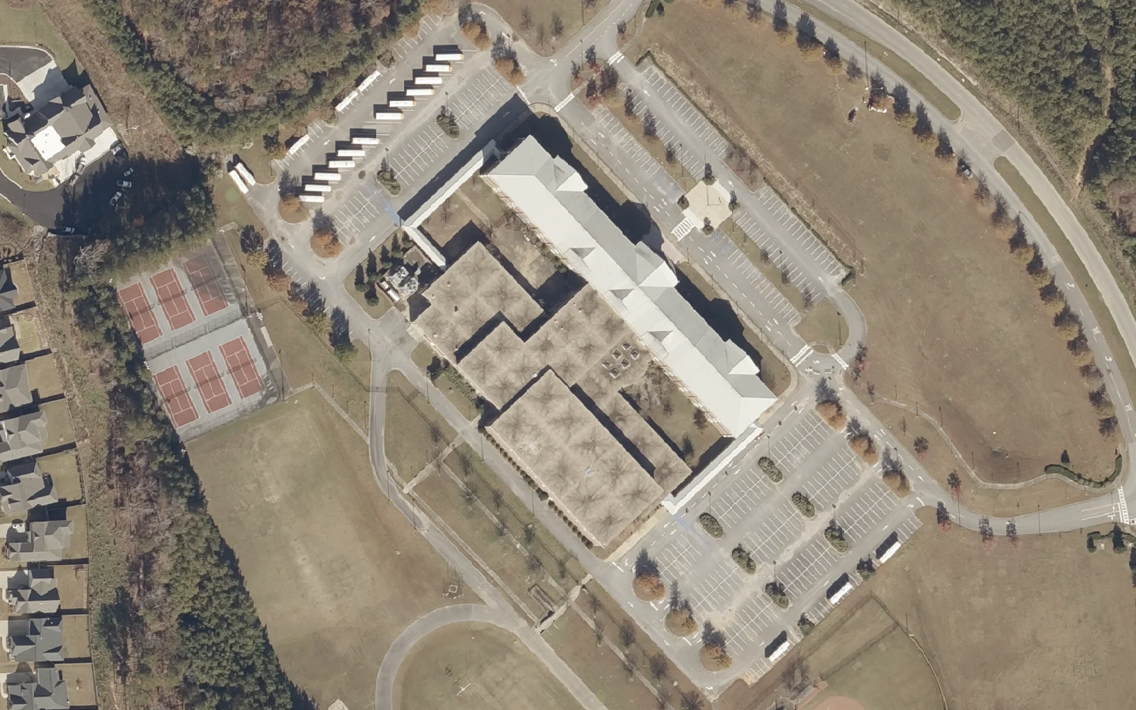Aerial view of R.F. Bumpus Middle School on Flemming Parkway in Hoover, with its tennis courts and ball fields.
