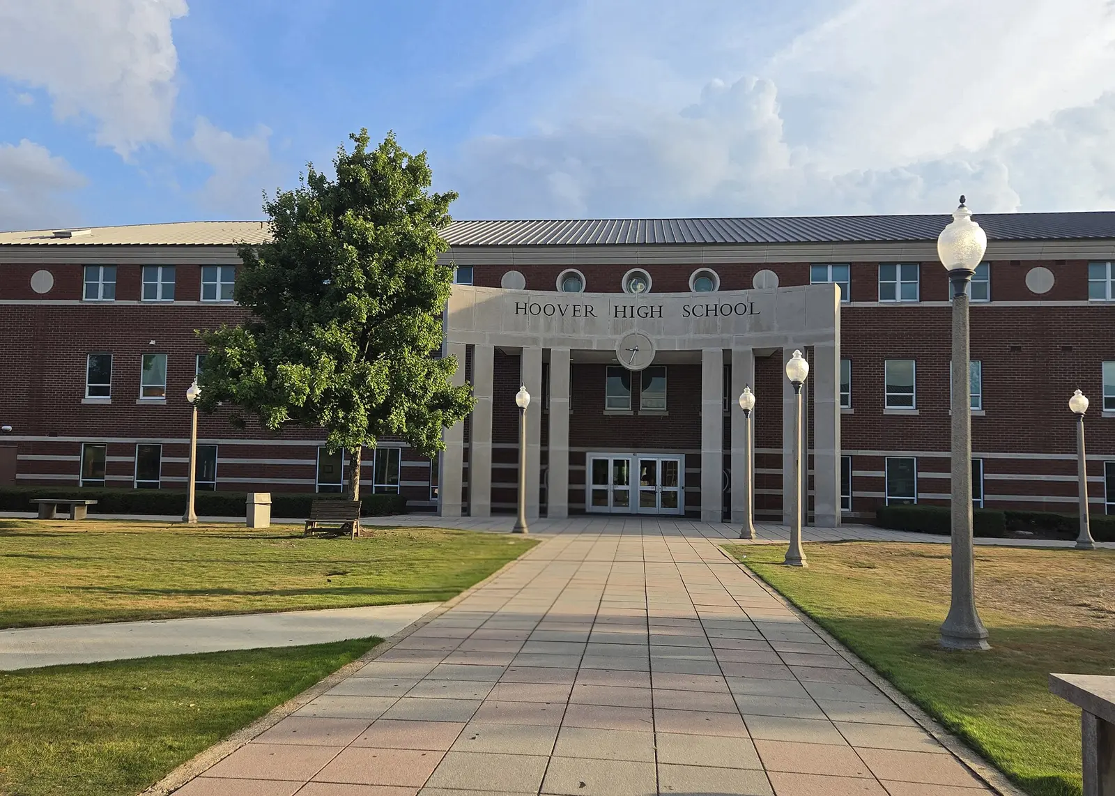The courtyard walk to the main entrance of Hoover High School.