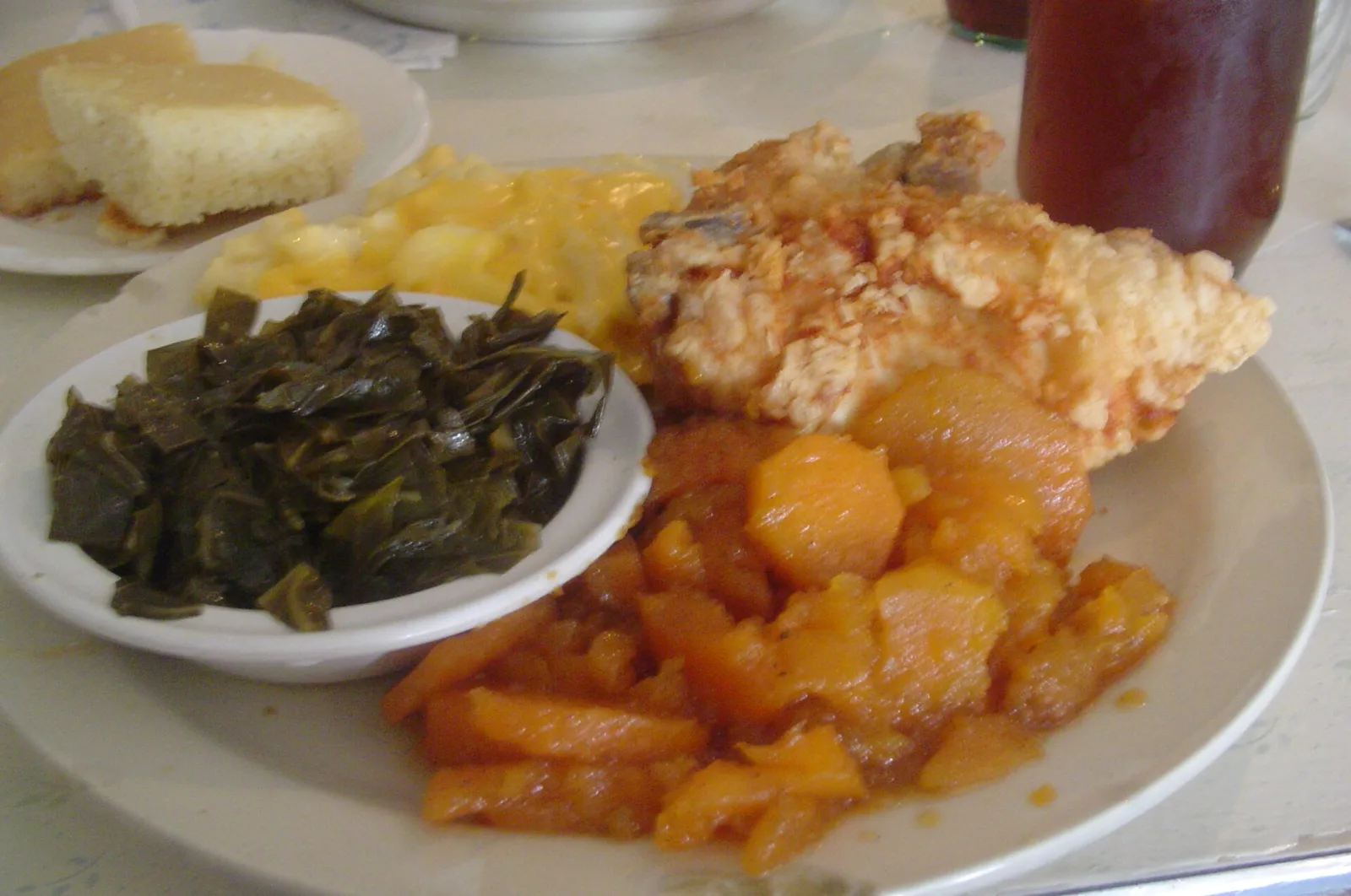 A soul food dinner on a plate.